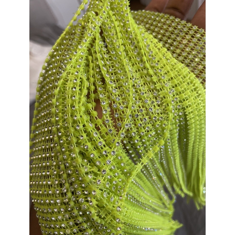 Womens Neon Lime Green Rhinestone Fringe Mini Skirt Festival‎ Clubwear - Picture 2 of 3